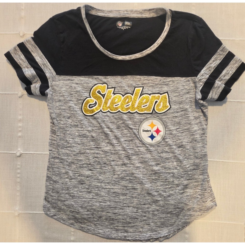 NFL Team Apparel Pittsburgh Steelers Grey Black Glitter Logo T-Shirt XL